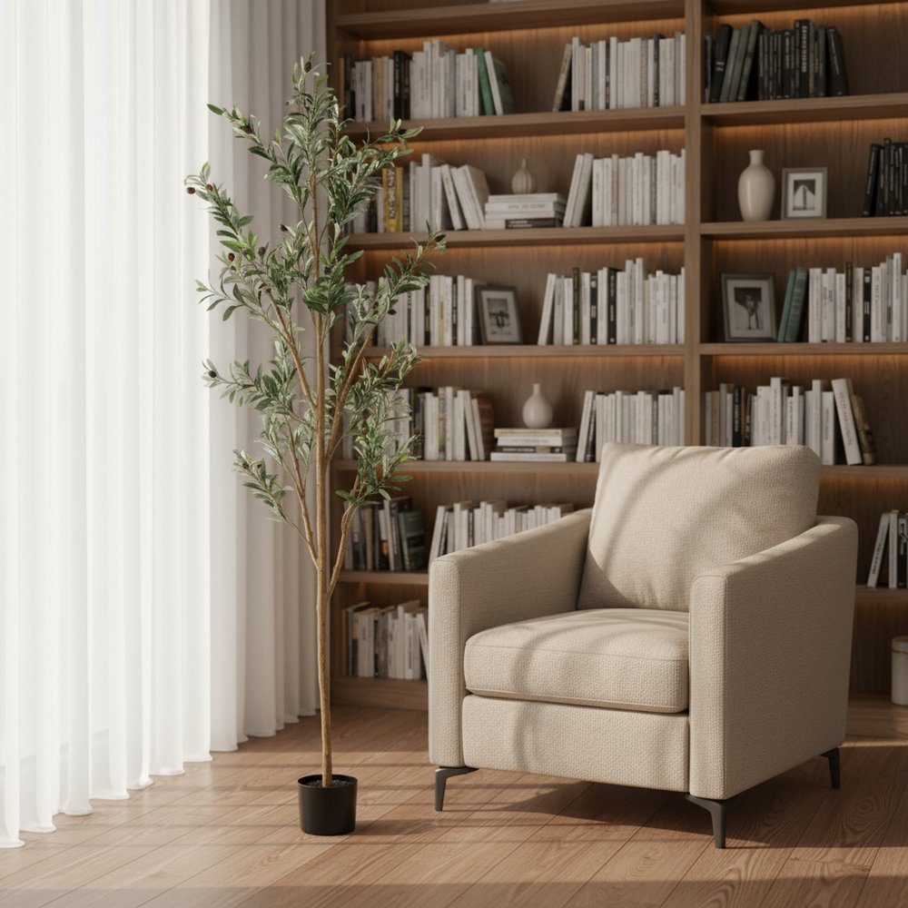 Set Of Two 84" Green Artificial Olive Trees in a Black Pot