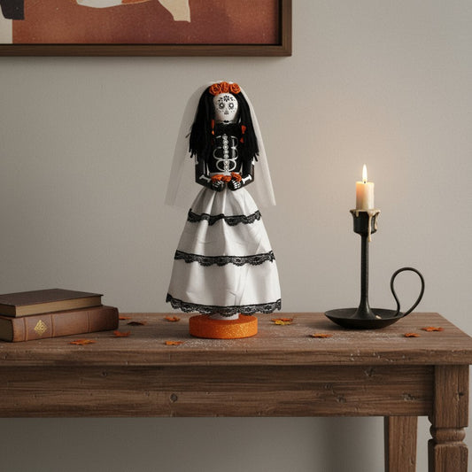 14" Black And White Fabric And Solid Wood Halloween Woman Nutcracker