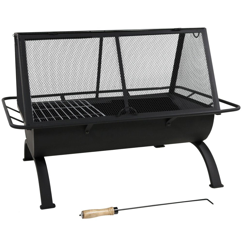 36" Black Steel Wood Burning Rectangular Fire Pit With Cover