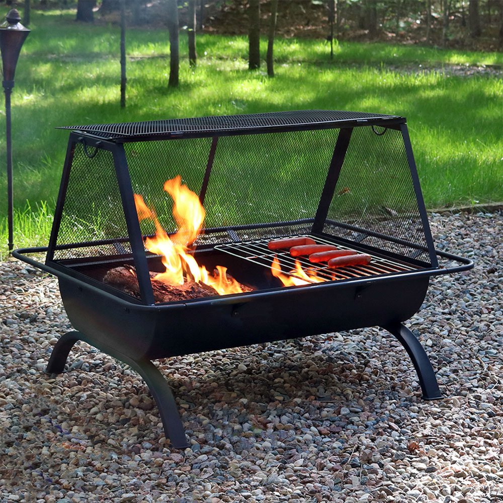 36" Black Steel Wood Burning Rectangular Fire pit With Cover