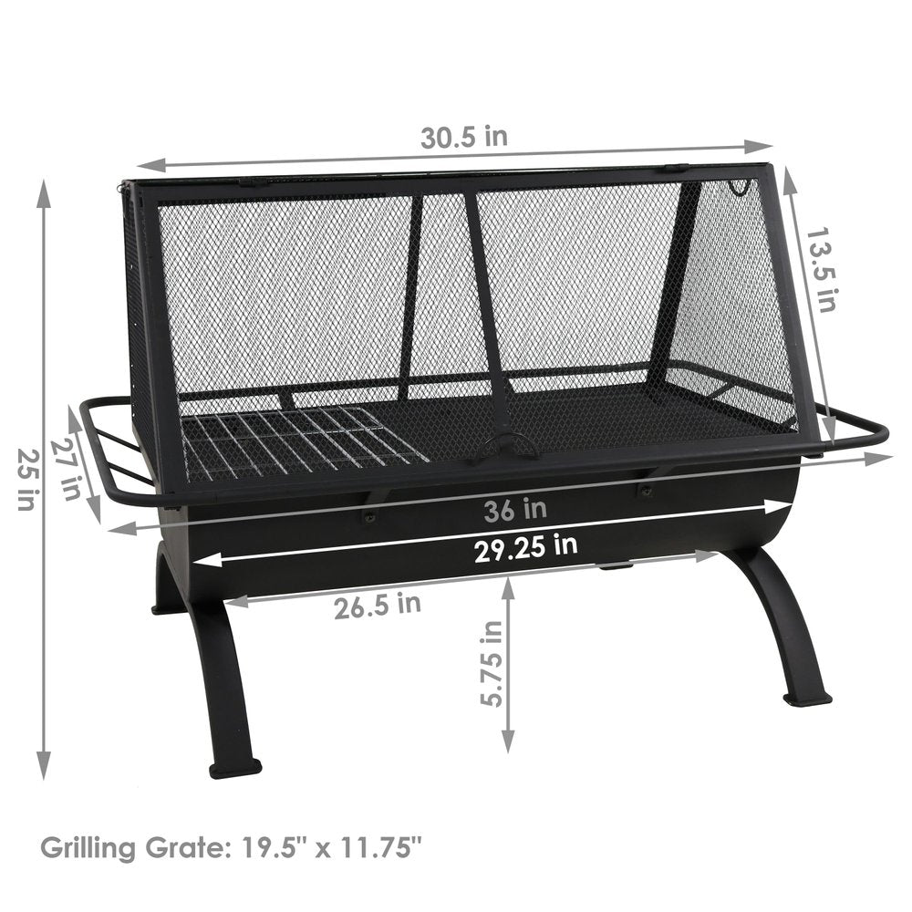 36" Black Steel Wood Burning Rectangular Fire pit With Cover