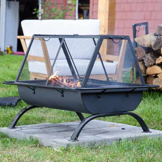 36" Black Steel Wood Burning Rectangular Fire Pit With Cover