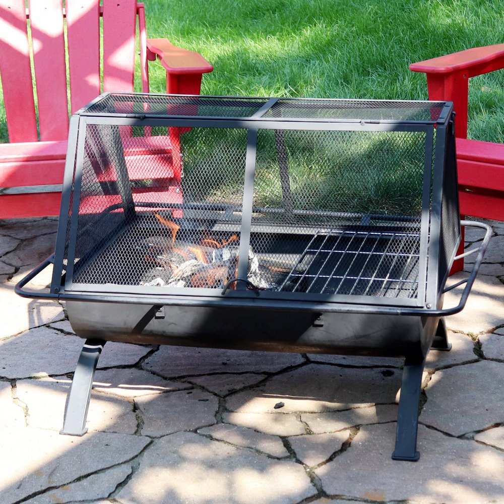 36" Black Steel Wood Burning Rectangular Fire Pit With Cover