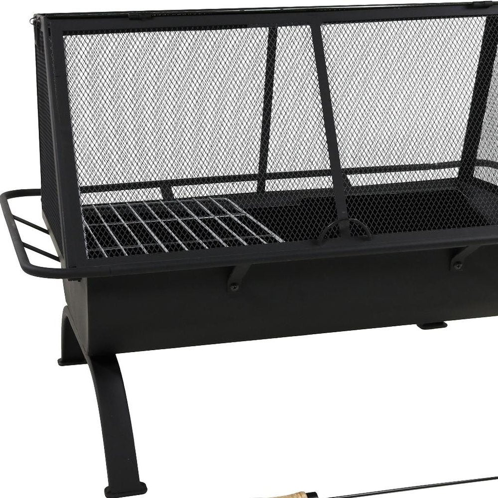 36" Black Steel Wood Burning Rectangular Fire Pit With Cover