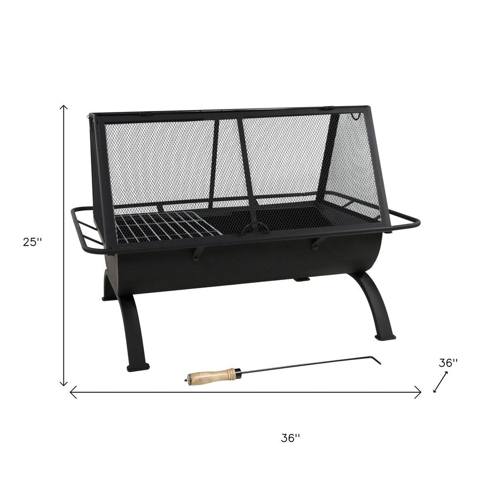 36" Black Steel Wood Burning Rectangular Fire Pit With Cover