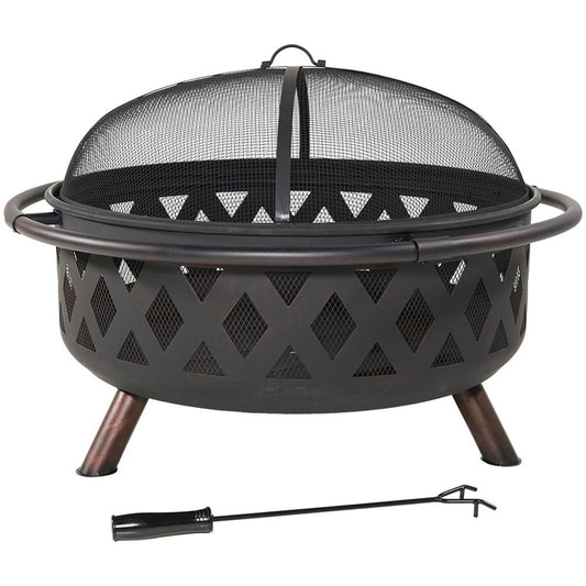 36" Black Steel Wood Burning Round Fire Pit With Cover