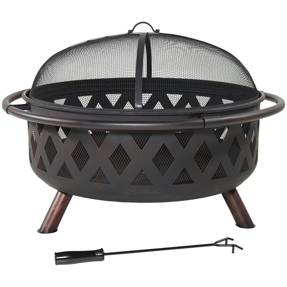 36" Black Steel Wood Burning Round Fire Pit With Cover