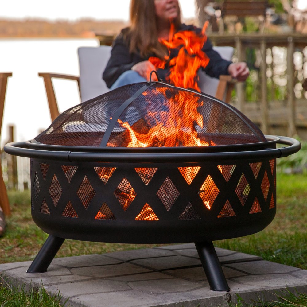 36" Black Steel Wood Burning Round Fire Pit With Cover