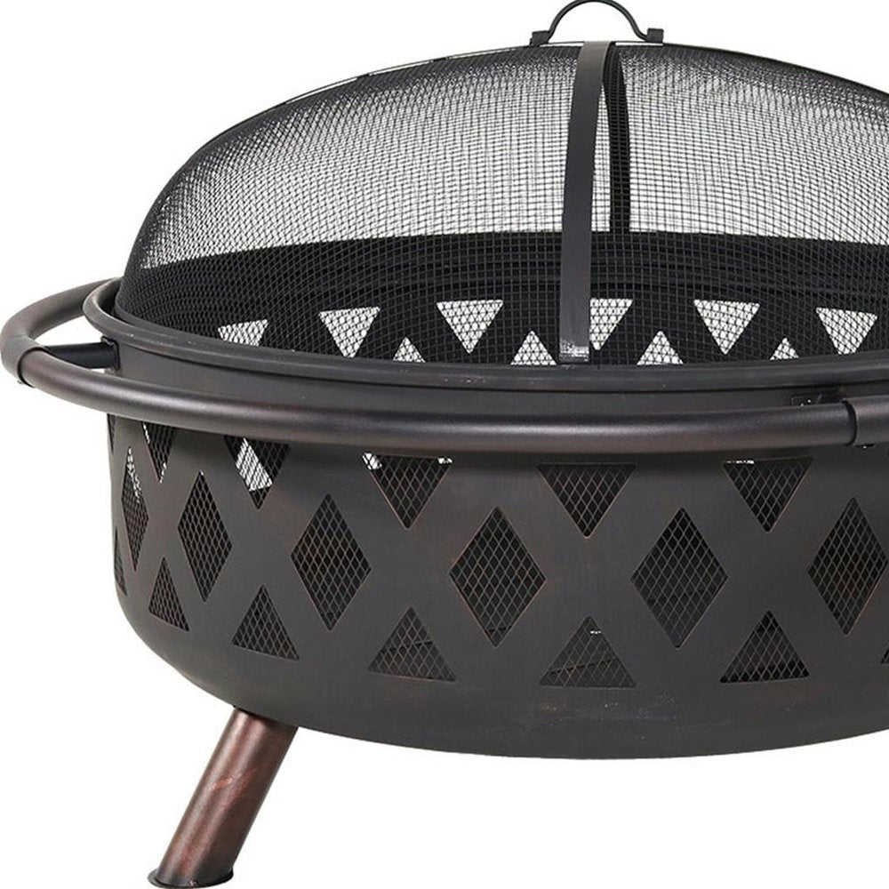 36" Black Steel Wood Burning Round Fire Pit With Cover