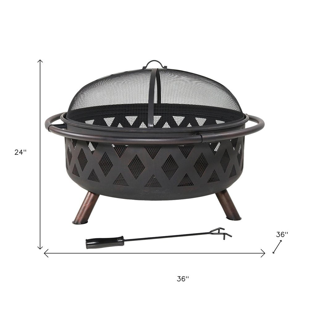 36" Black Steel Wood Burning Round Fire Pit With Cover