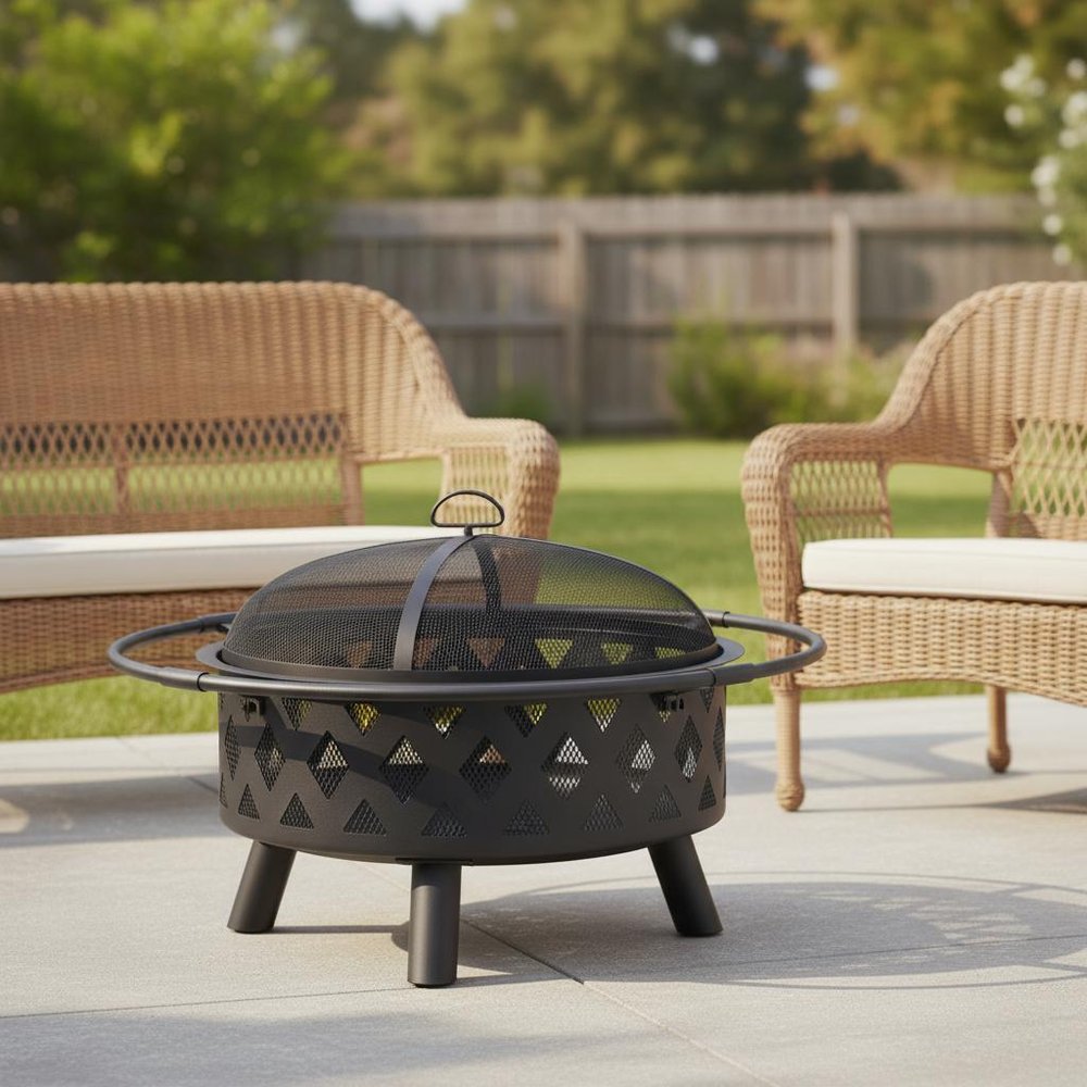 30" Black Steel Wood Burning Round Fire Pit With Cover