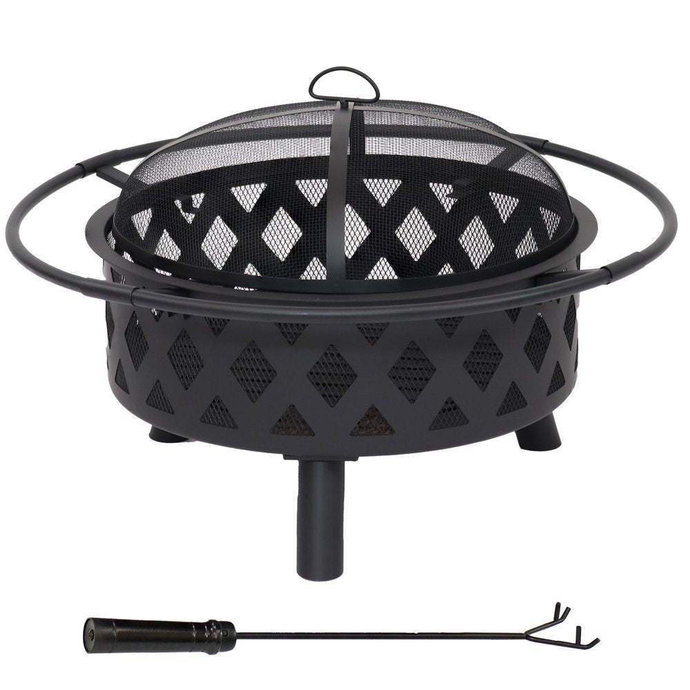 30" Black Steel Wood Burning Round Fire pit With Cover