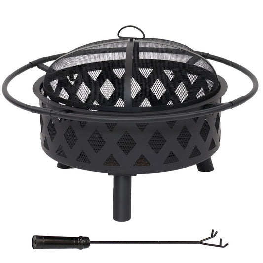 30" Black Steel Wood Burning Round Fire pit With Cover