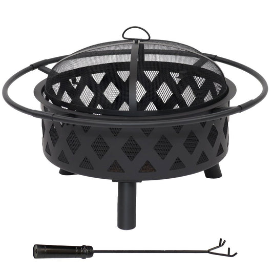 30" Black Steel Wood Burning Round Fire Pit With Cover
