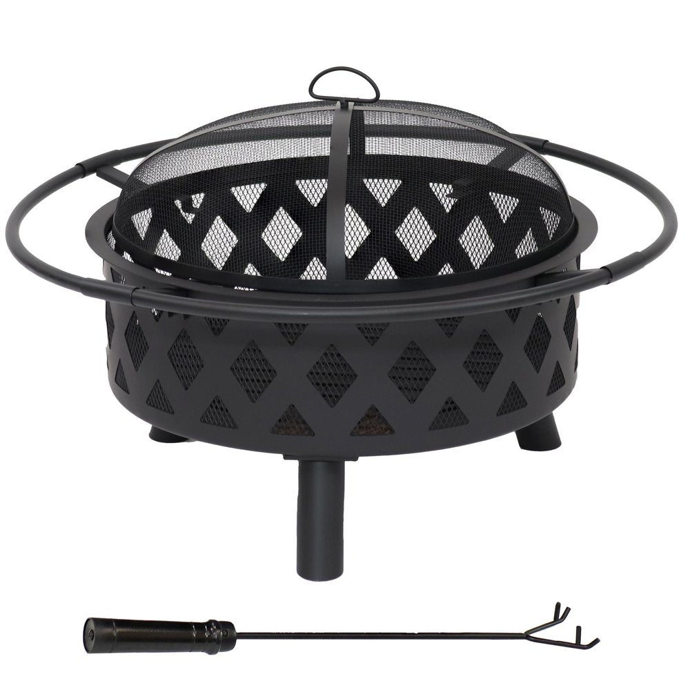 30" Black Steel Wood Burning Round Fire Pit With Cover