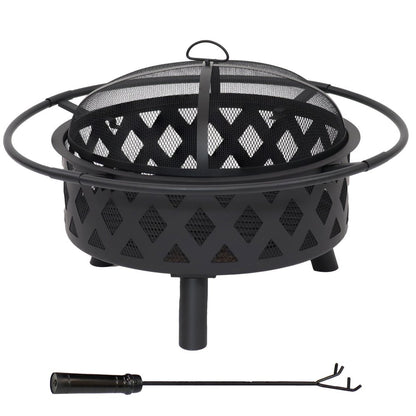 30" Black Steel Wood Burning Round Fire Pit With Cover