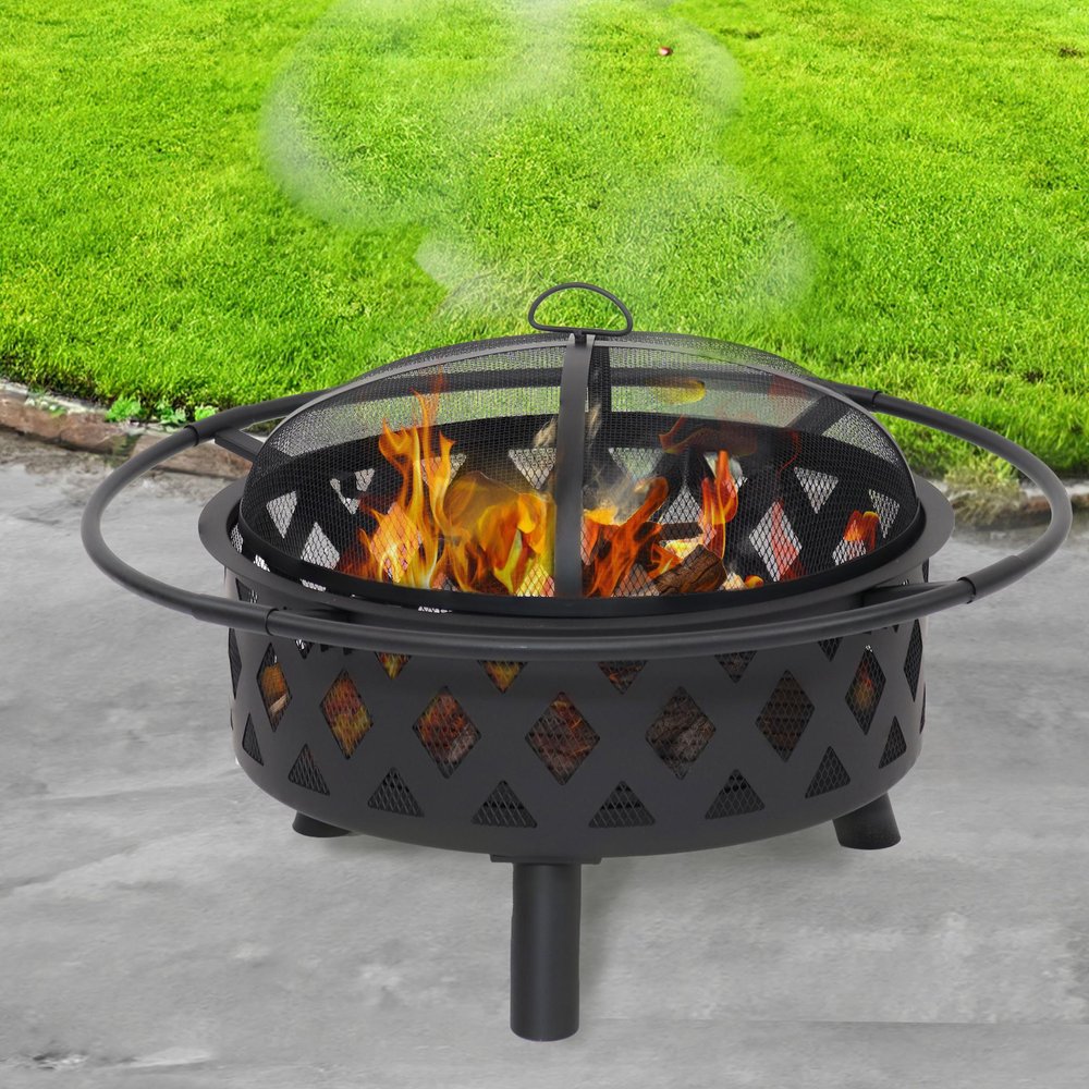 30" Black Steel Wood Burning Round Fire Pit With Cover