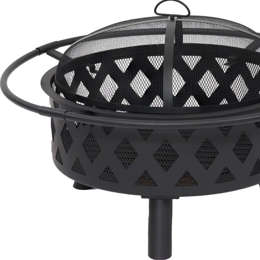 30" Black Steel Wood Burning Round Fire Pit With Cover