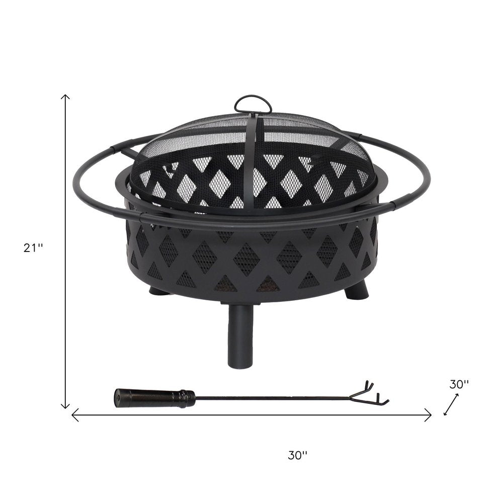 30" Black Steel Wood Burning Round Fire Pit With Cover