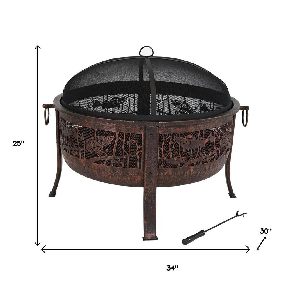 34" Bronze Steel Wood Burning Round Fire pit With Cover