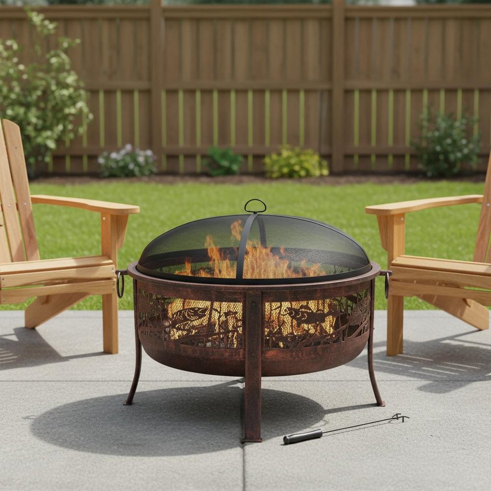 34" Bronze Steel Wood Burning Round Fire Pit With Cover