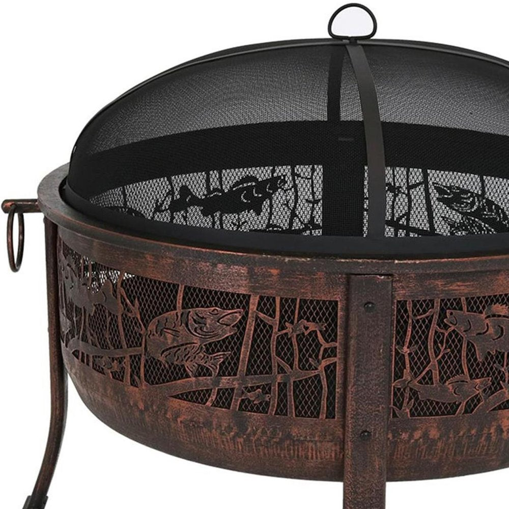 34" Bronze Steel Wood Burning Round Fire pit With Cover