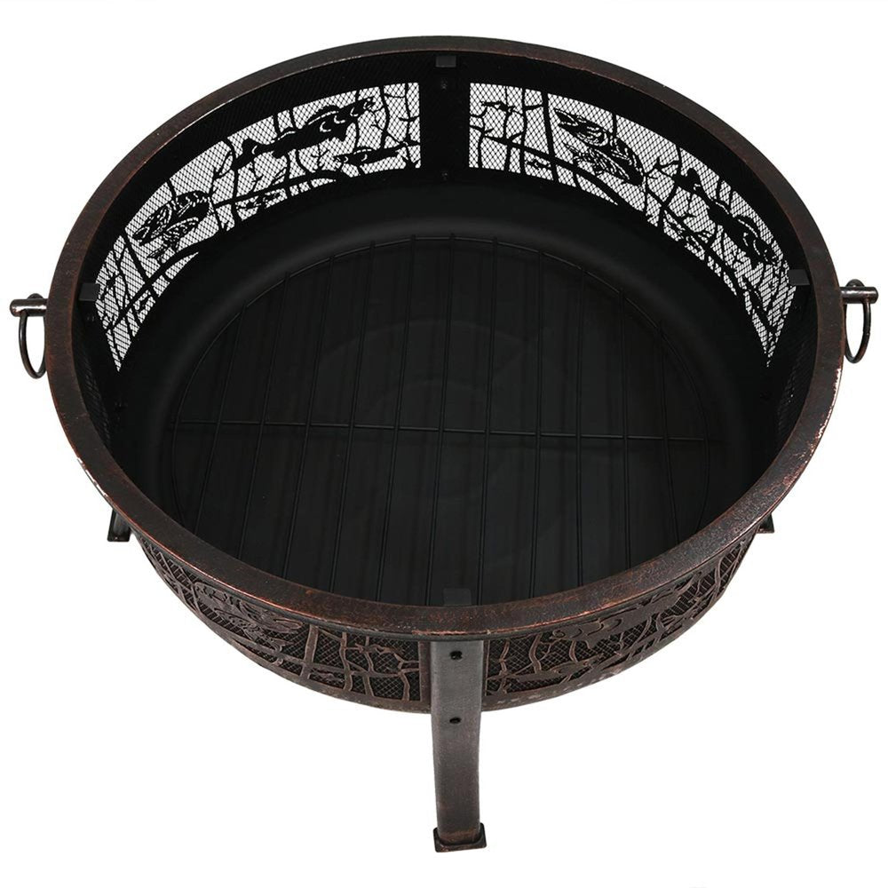 34" Bronze Steel Wood Burning Round Fire Pit With Cover