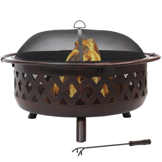 36" Bronze Steel Wood Burning Round Fire Pit With Cover