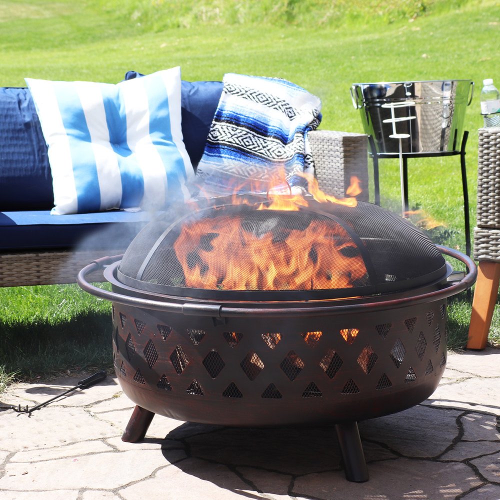36" Bronze Steel Wood Burning Round Fire Pit With Cover