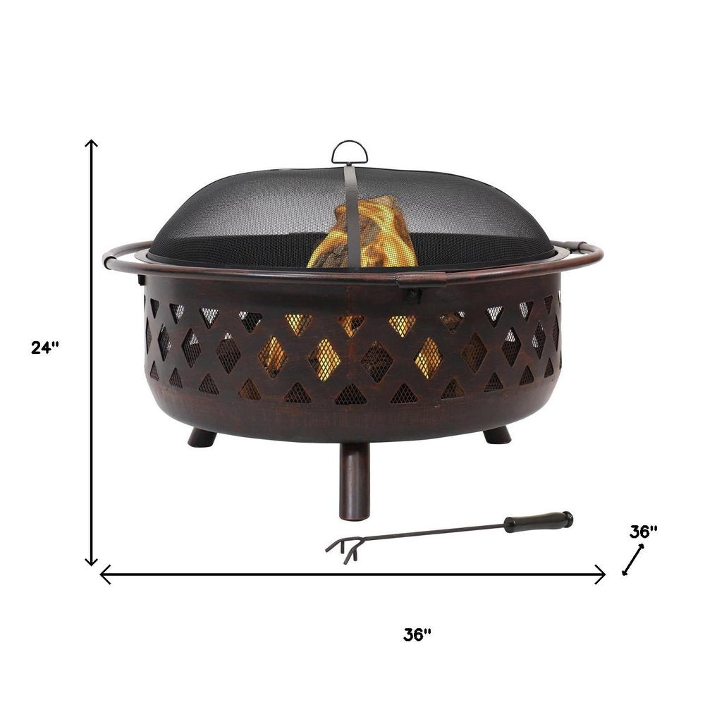 36" Bronze Steel Wood Burning Round Fire Pit With Cover