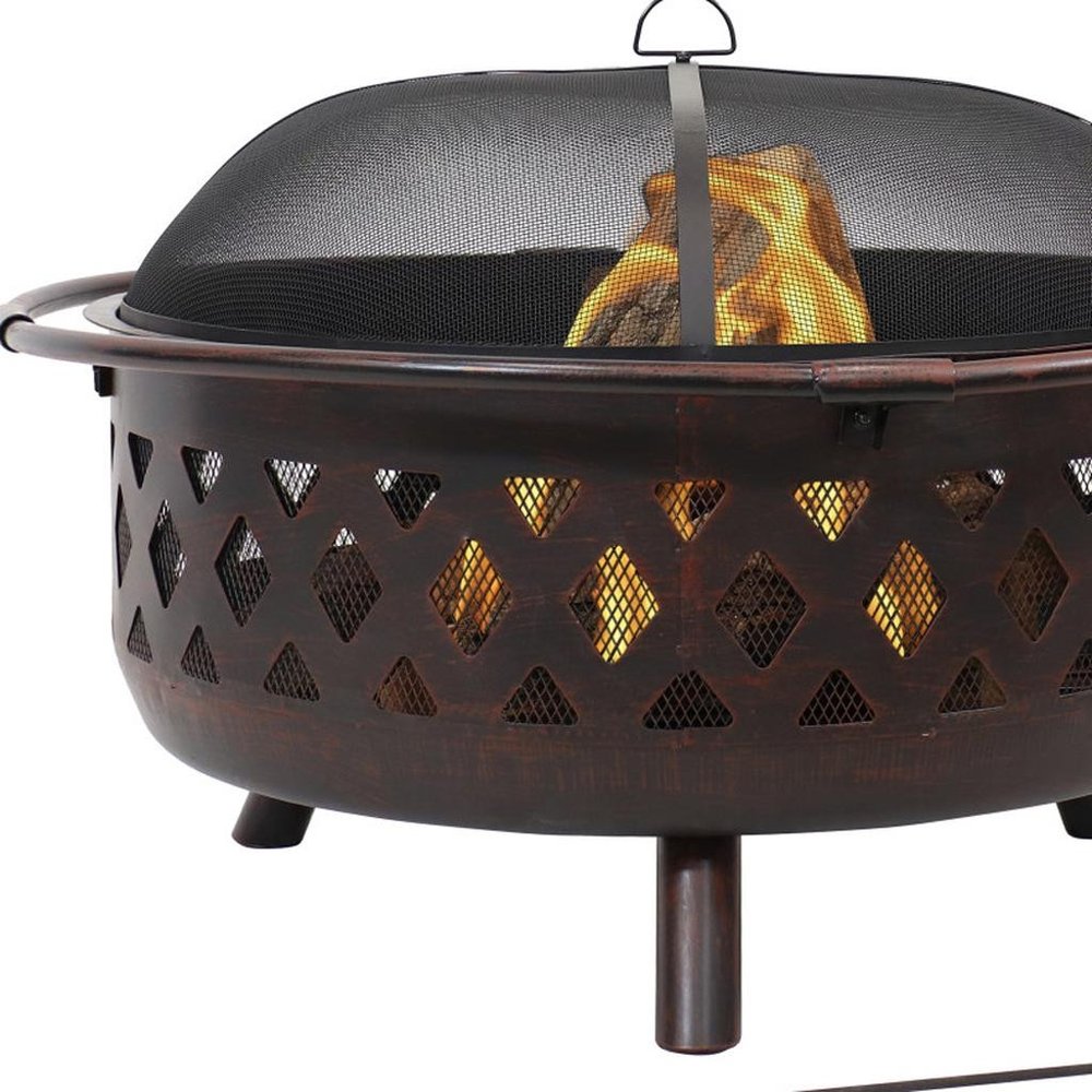 36" Bronze Steel Wood Burning Round Fire pit With Cover