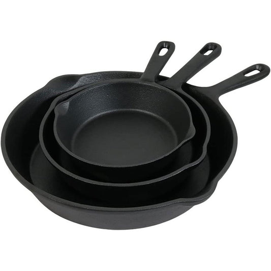 Set of Three Black Cast Iron Frying Pans