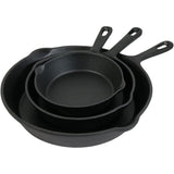 Set of Three Black Cast Iron Frying Pans