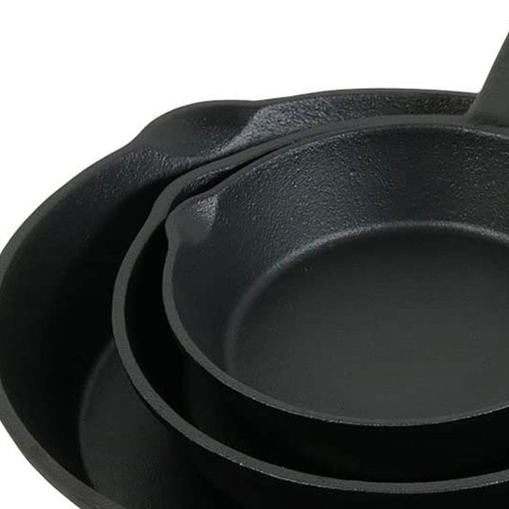 Set of Three Black Cast Iron Frying Pans