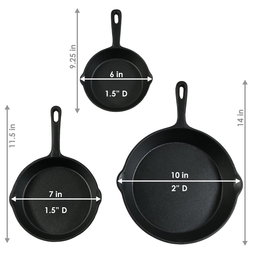 Set of Three Black Cast Iron Frying Pans