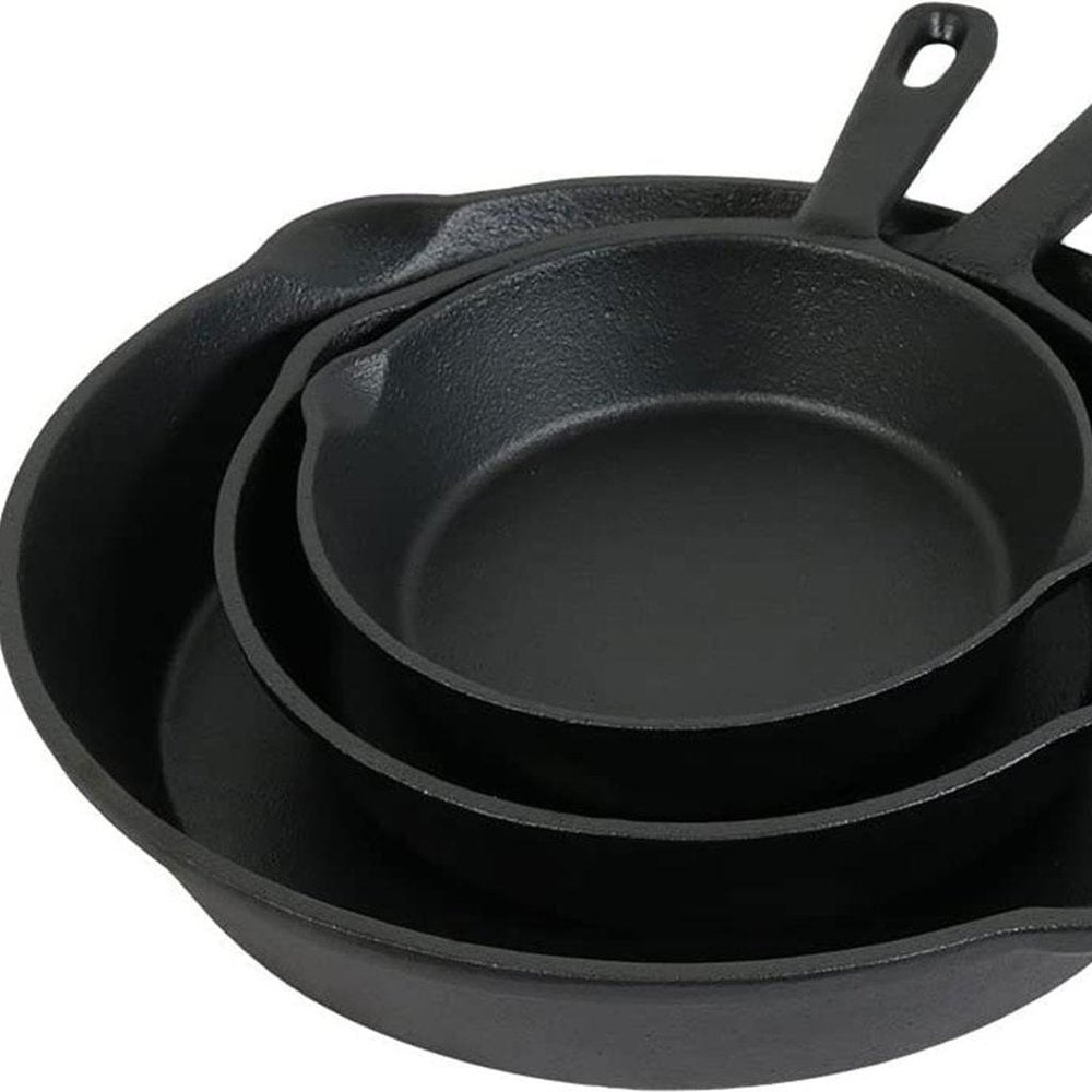 Set of Three Black Cast Iron Frying Pans