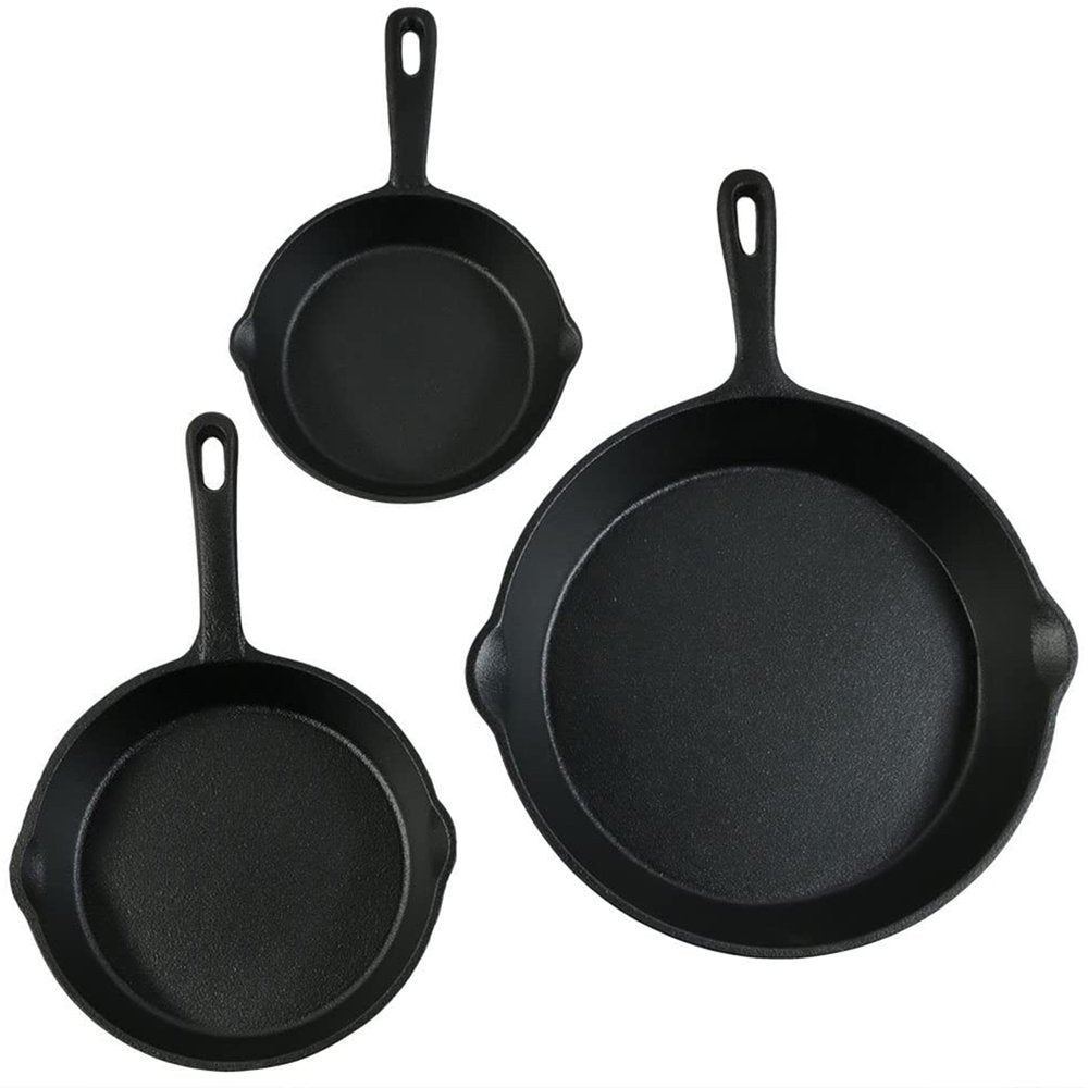 Set of Three Black Cast Iron Frying Pans