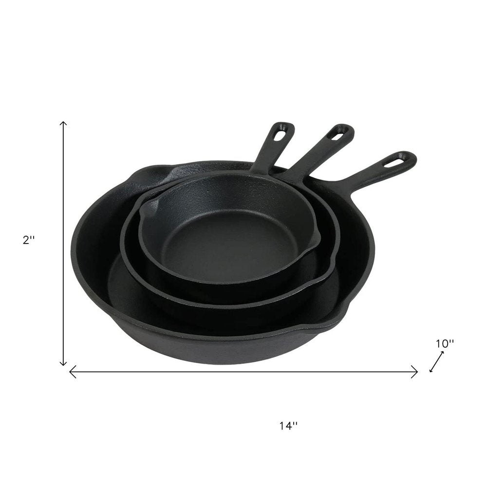 Set of Three Black Cast Iron Frying Pans