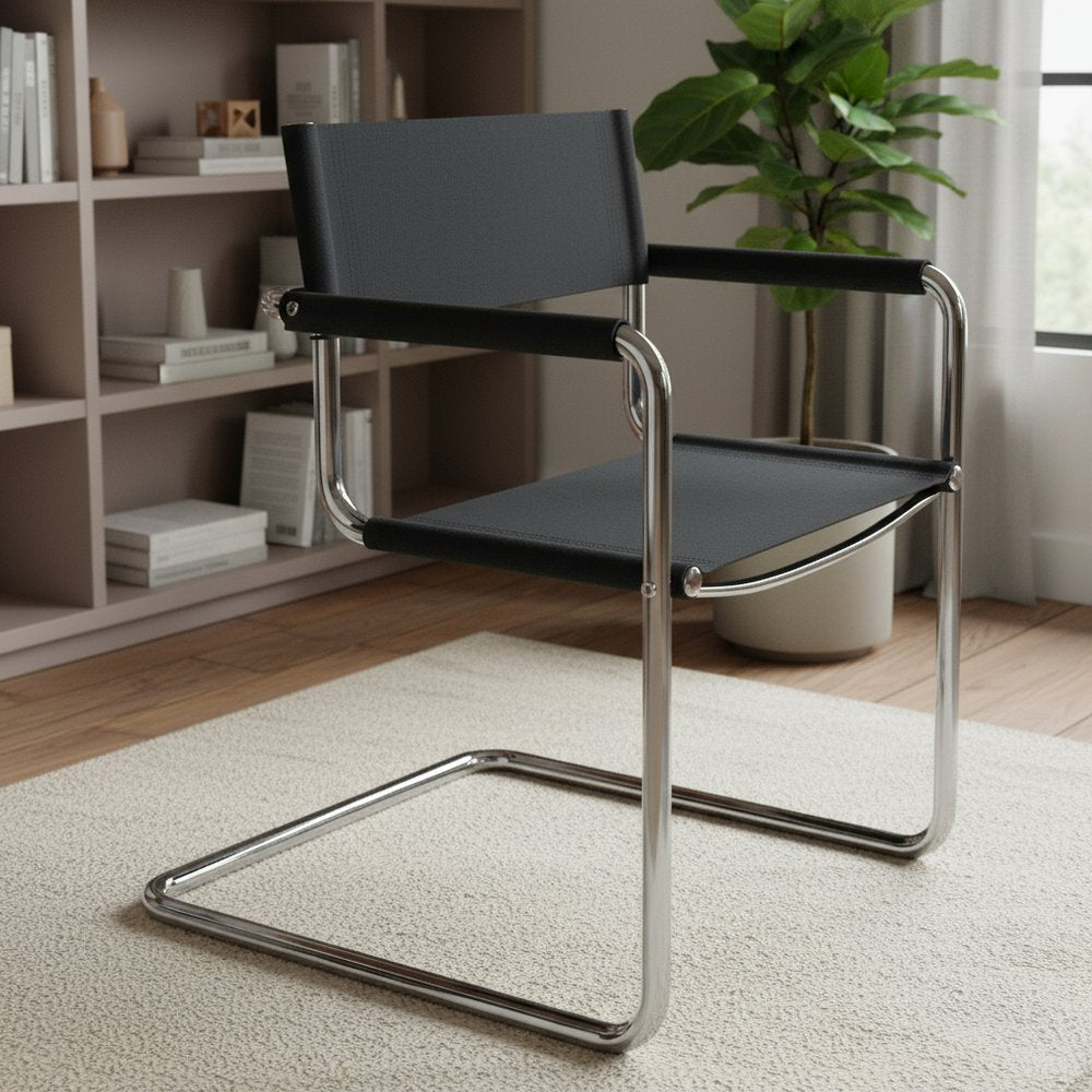 23" Silver And Black Genuine Leather and Stainless Steel Arm Chair