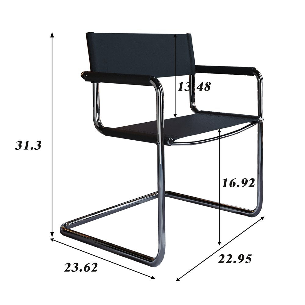 23" Silver And Black Genuine Leather and Stainless Steel Arm Chair