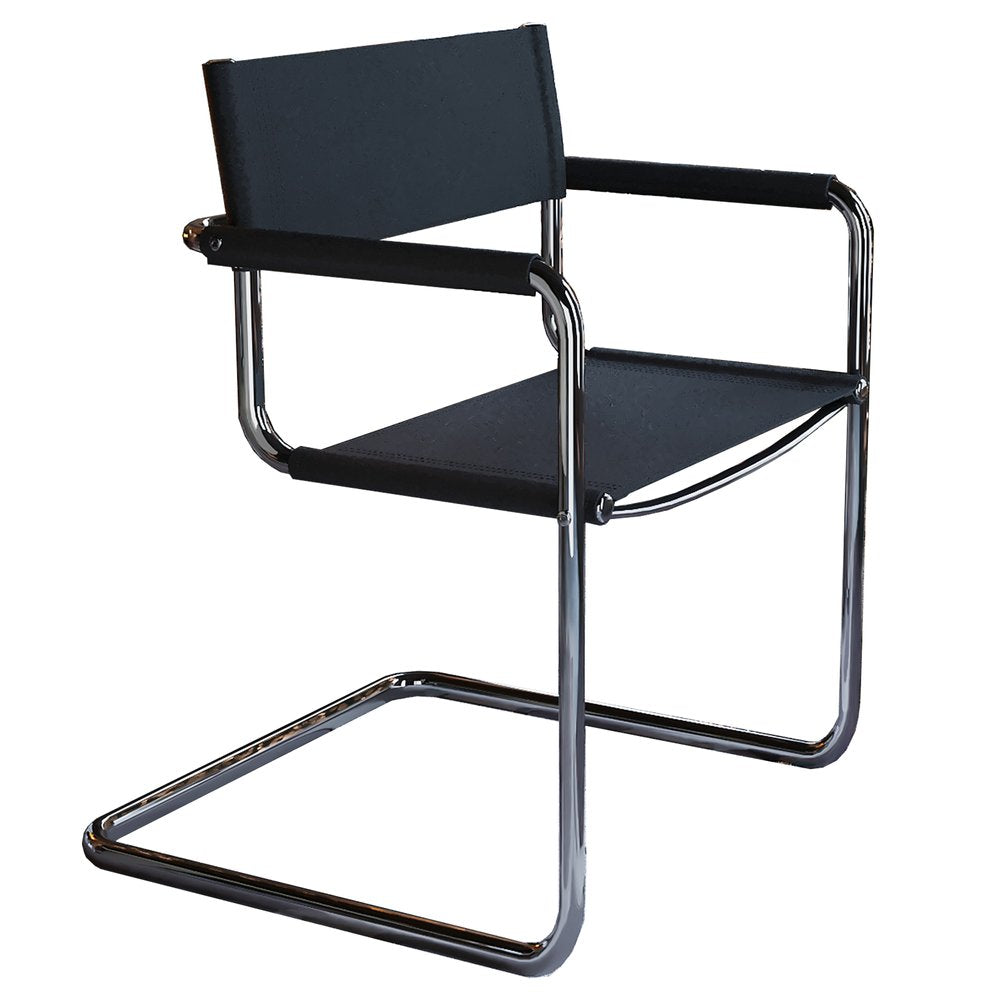 23" Silver And Black Genuine Leather and Stainless Steel Arm Chair