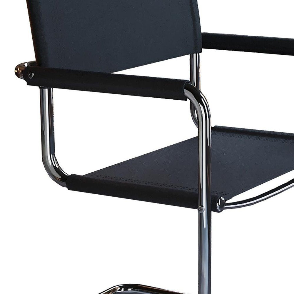23" Silver And Black Genuine Leather and Stainless Steel Arm Chair