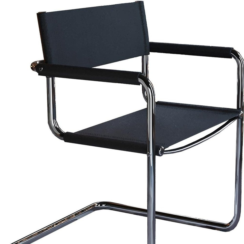 23" Silver And Black Genuine Leather and Stainless Steel Arm Chair