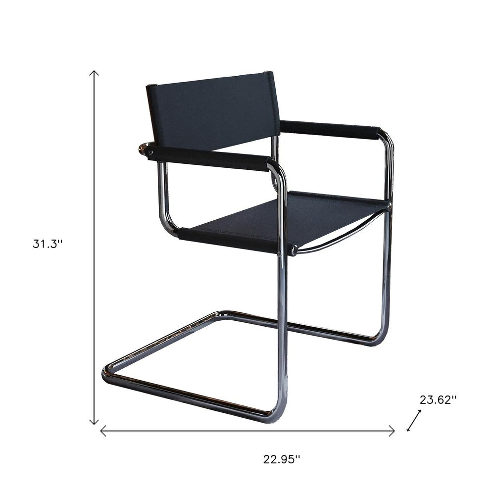23" Silver And Black Genuine Leather and Stainless Steel Arm Chair