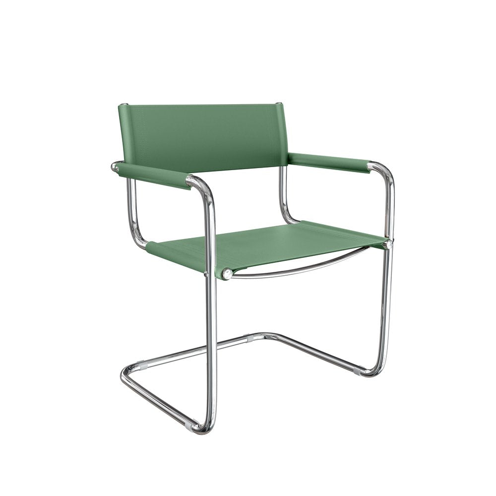 23" Silver And Green Leather and Stainless Steel Arm Chair