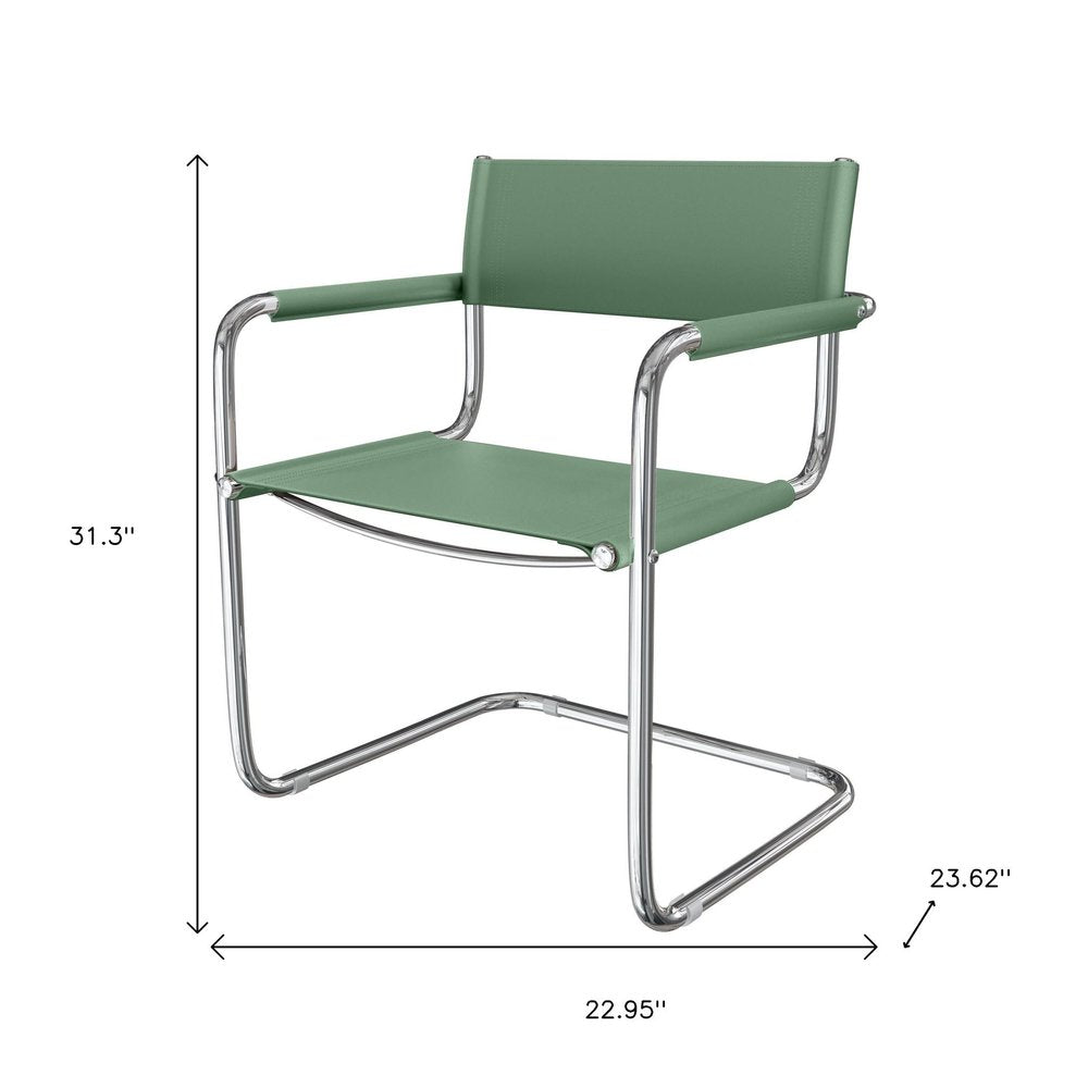 23" Silver And Green Leather and Stainless Steel Arm Chair