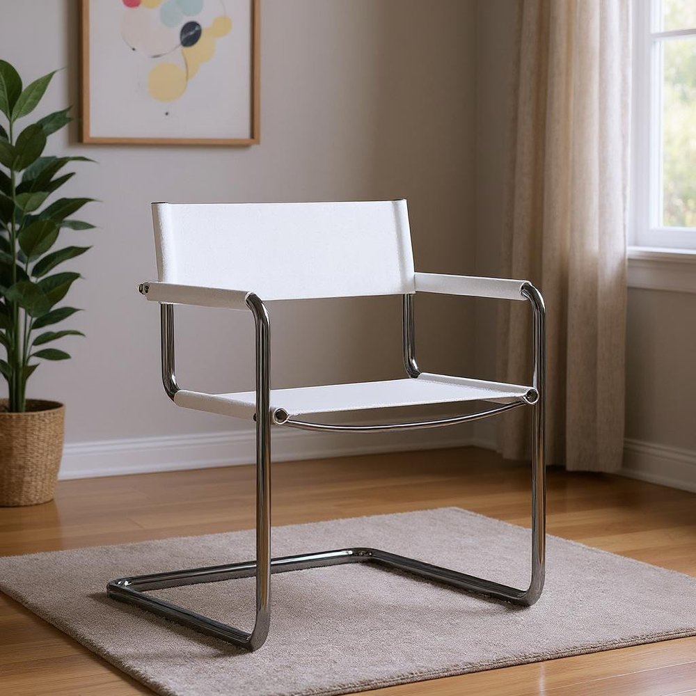 23" Silver And White Leather and Stainless Steel Arm Chair