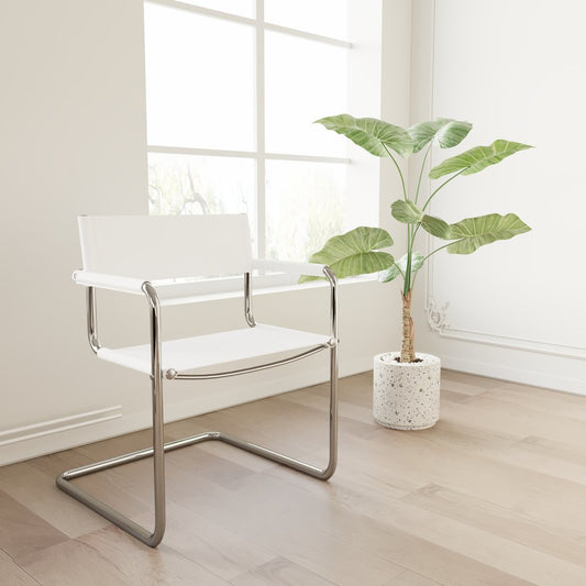 23" Silver And White Leather and Stainless Steel Arm Chair