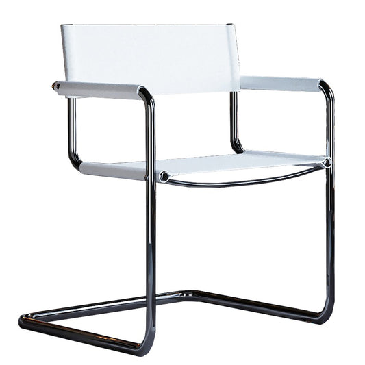 23" Silver And White Leather and Stainless Steel Arm Chair