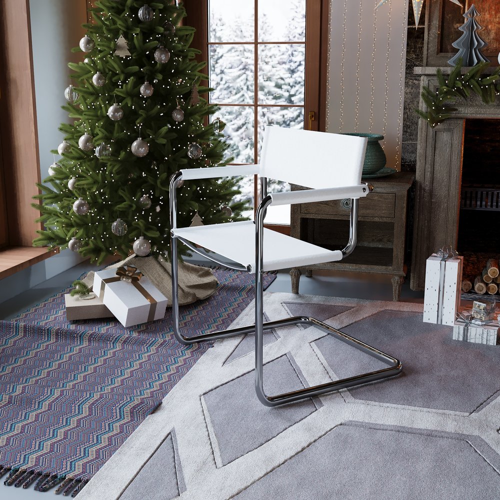 23" Silver And White Leather and Stainless Steel Arm Chair